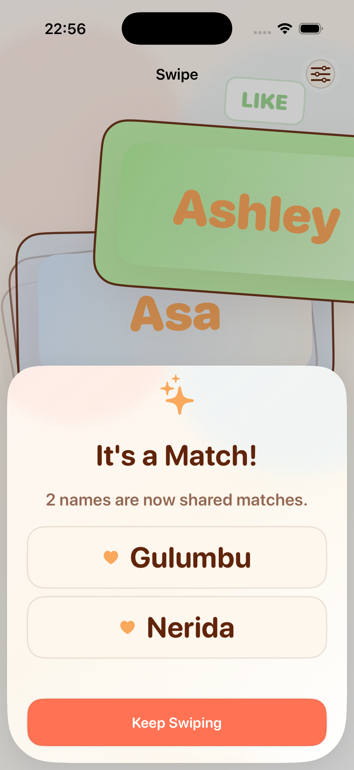 It's a Match popup showing shared name matches