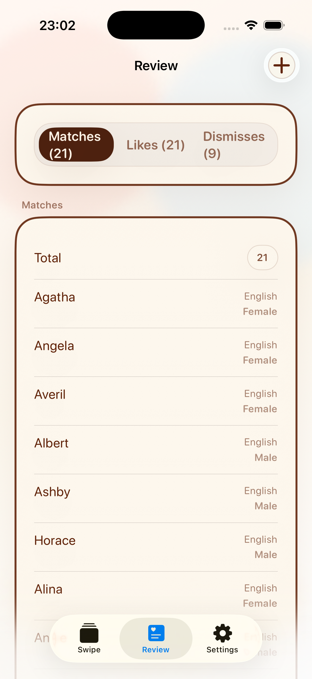 Review screen showing matches, likes, and dismisses