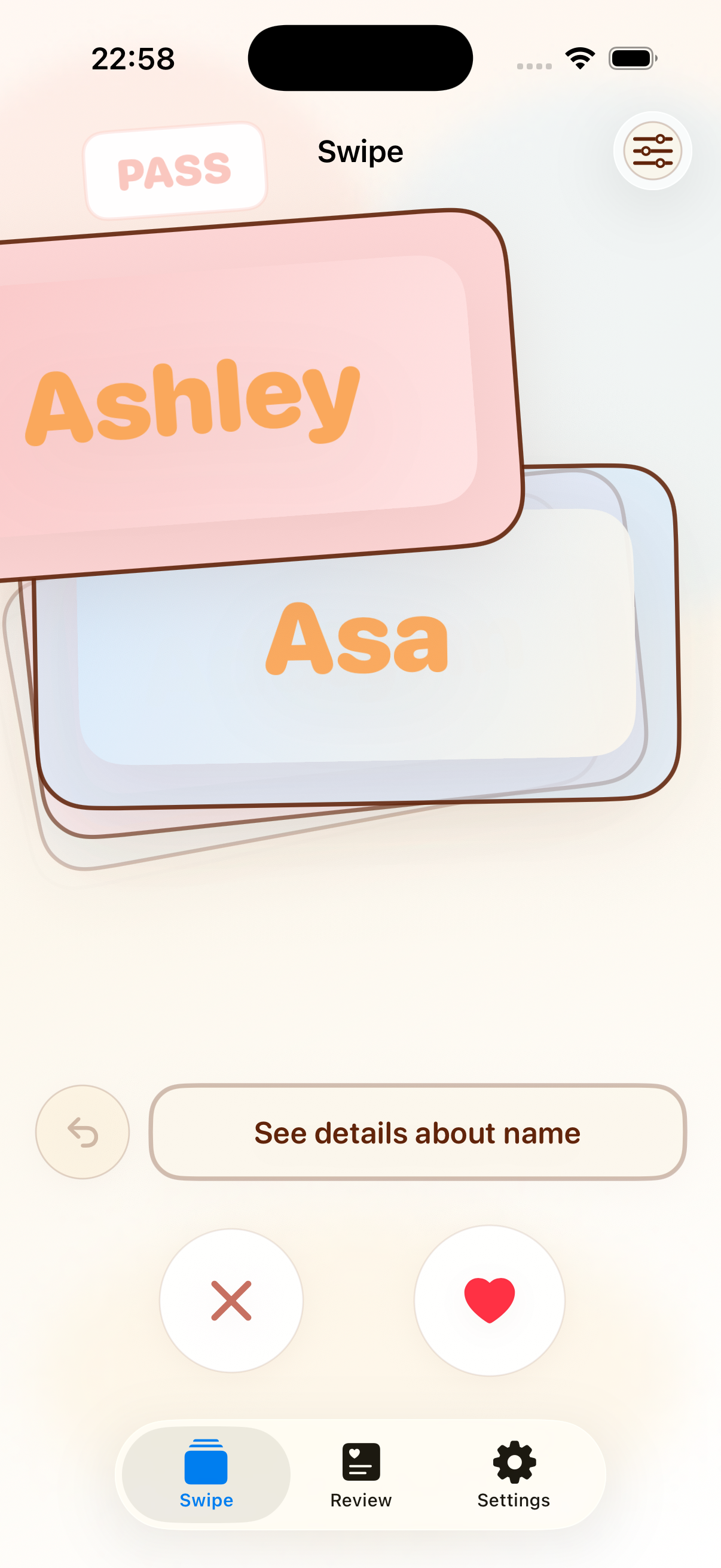 Passing on a name with swipe left