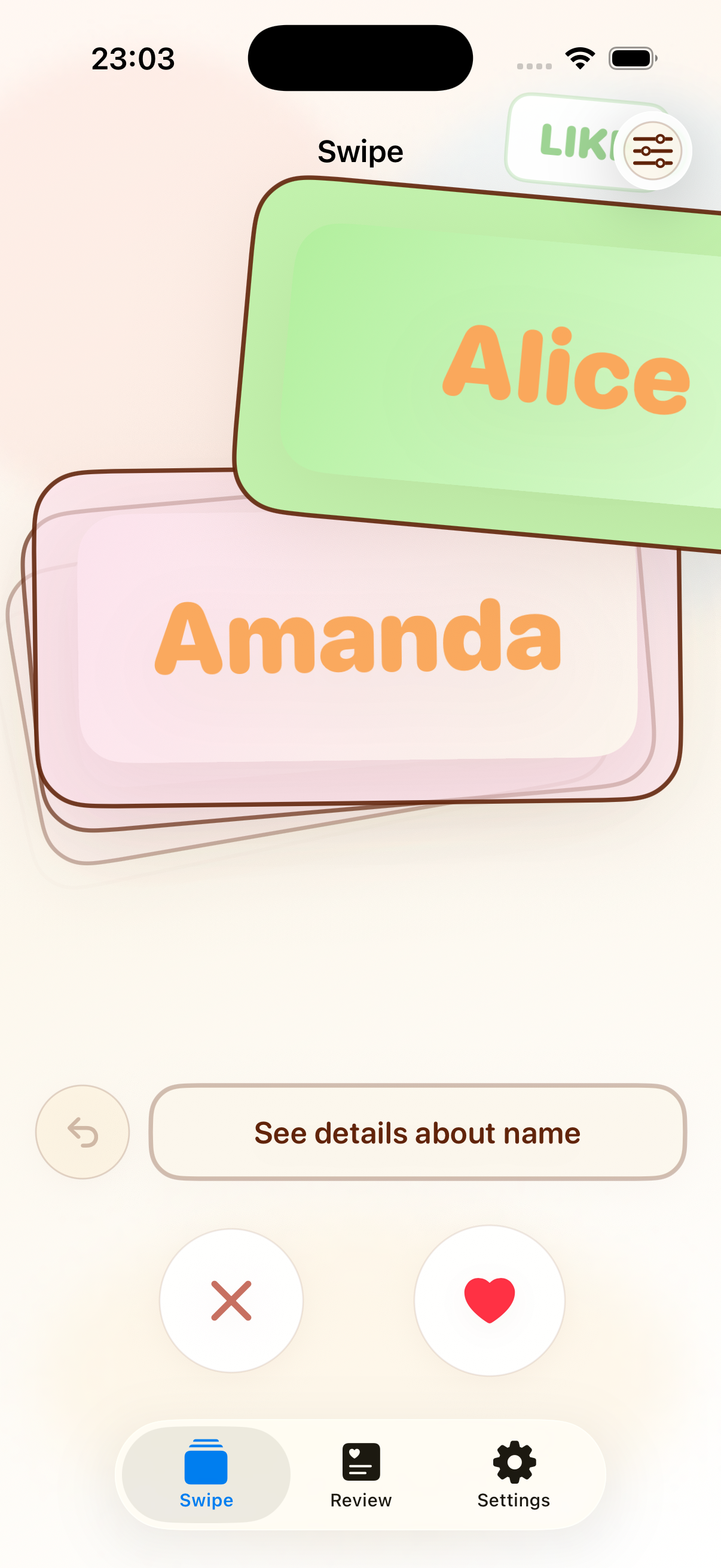 Baby Name Match app showing Amanda and Alice swipe cards