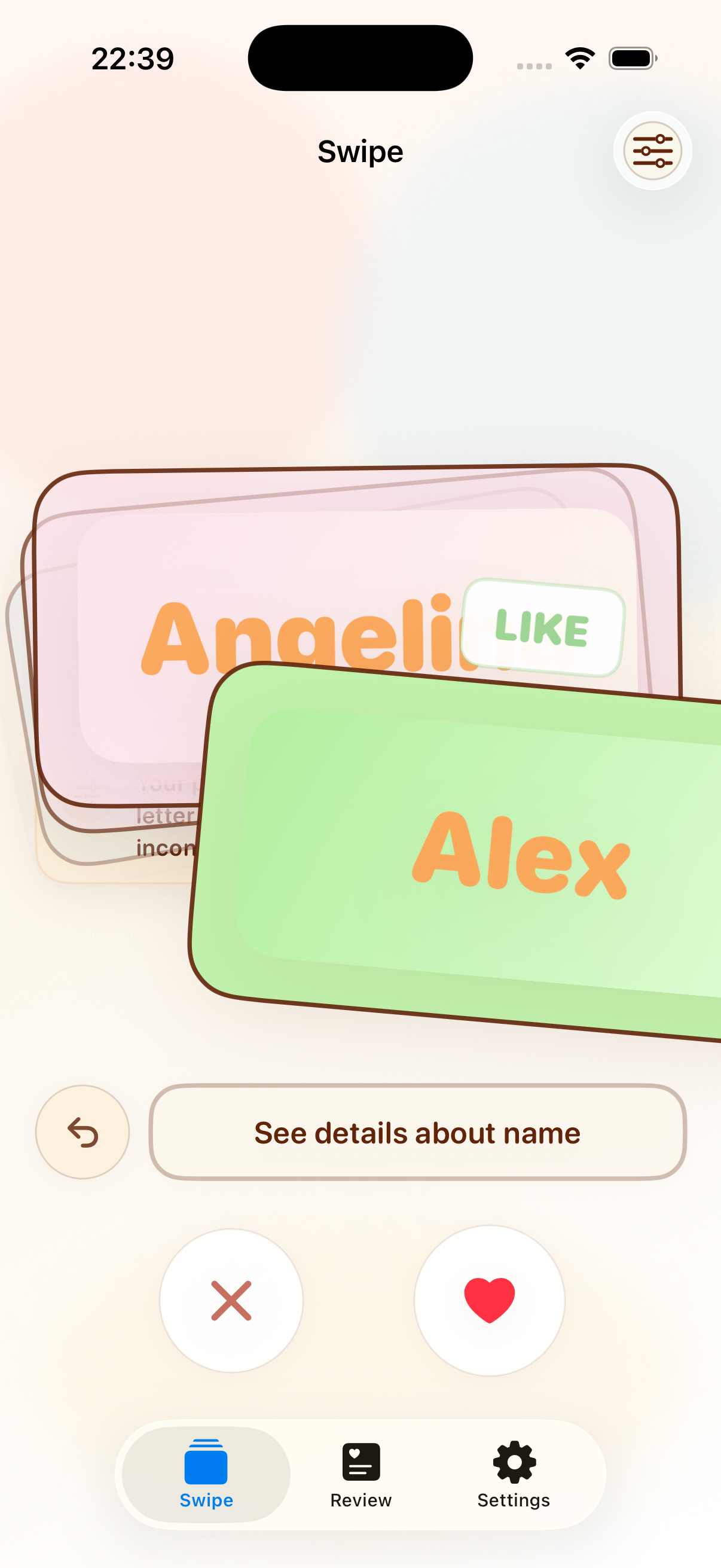 Swiping right to like the name Alex
