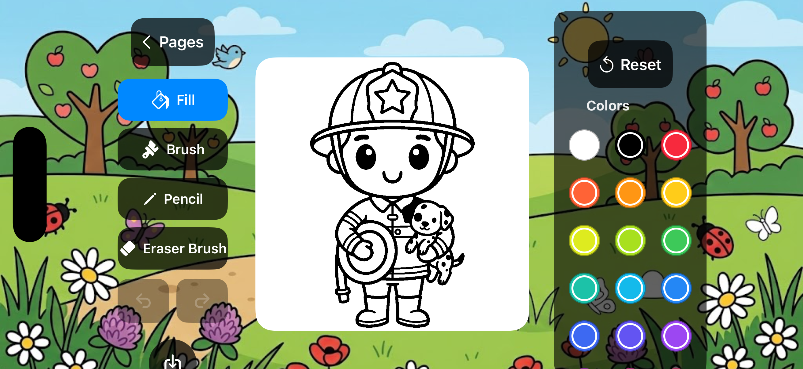 Coloring tools interface showing brush, fill, pencil and eraser options