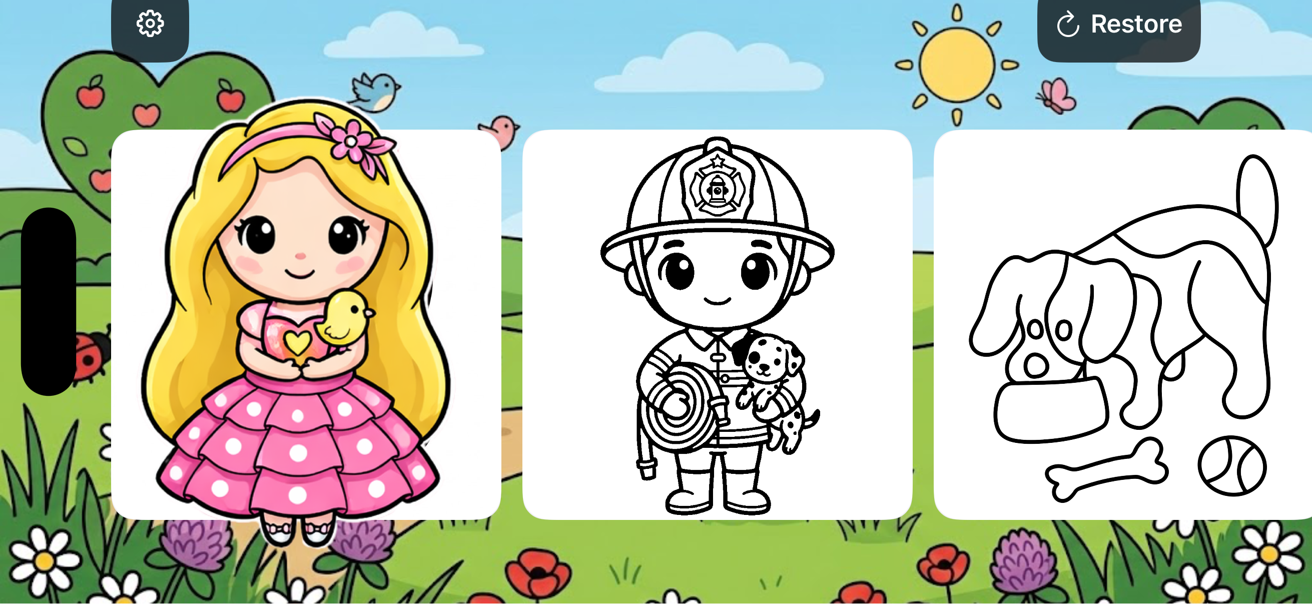 Gallery of coloring pages including animals, princesses, and heroes