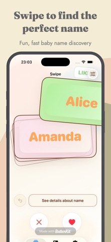 Baby Names screen showing names to swipe and save